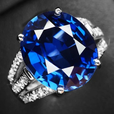 Graciosos anillos de oro blanco de plata de ley 925 de 8,20 quilates con zafiro azul real talla 6 Foto 1 de 4