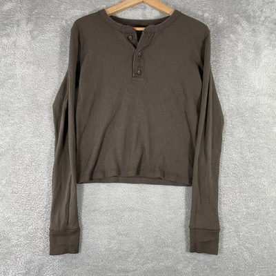 John Galt Brandy Melville Cropped Henley Shirt Womens One Size Brown Long Sleeve - Image 1 of 4