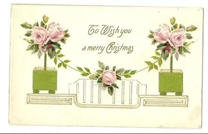 Rosa Rose Topiary Blumen Grün Weihnachten Gruß Postkarte - Bild 1 von 1