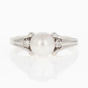 6.72mm Cultured Pearl Solitaire w/ Diamond Accents Ring 14k White Gold Size 5.5 - Picture 1 of 6