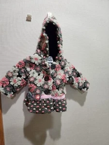 Corky & Company Floral Flower Polka Dot Girls Wool Hooded Coat Pink Gray 6/9 Mth - Picture 1 of 6