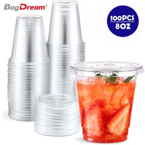 8 Oz Plastic Cups with Flat Lids set of 100, Disposable Clear Cups for Lids Ice - Picture 1 of 8