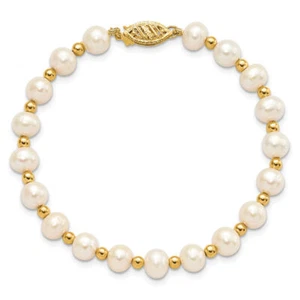 14K Solid Yellow Gold 6mm White Round Freshwater Cultured Pearl Ball Chain ... - Picture 1 of 11