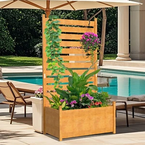 Privacy Fence Outdoor Wood Decorative Fences w/ Planter Box Garden Panel No-Dig - Picture 1 of 8