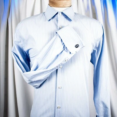 HUGO BOSS French Cuffs Light Blue White Striped Cotton Men Dress Shirt Size 16 - Image 1 of 4