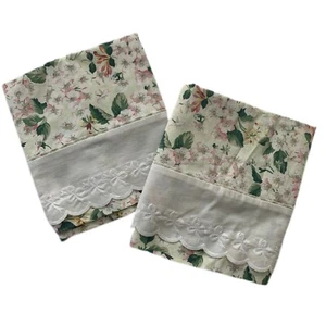 Floral Eyelet Lace Trim Pillowcases Pink Green Cottage Core Country Farmhouse - Picture 1 of 4