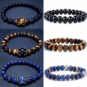 8mm Natural Stone Crown Tiger's Eye African Roar Round Beads Bracelet Bangle - Picture 1 of 30