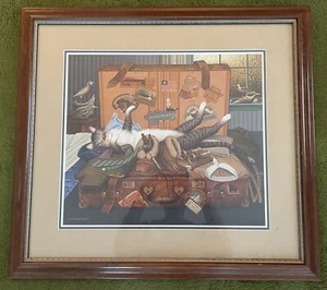 Canvas “Mabel the stowaway” By Charles Wysocki Framed Picture Of Cat In Suitcase - Picture 1 of 2