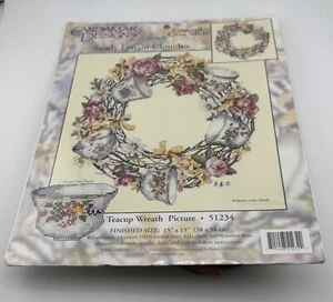 Teacup Wreath Counted Cross Stitch Candamar Designs #51234 Cotton Aida Cloth - Picture 1 of 2
