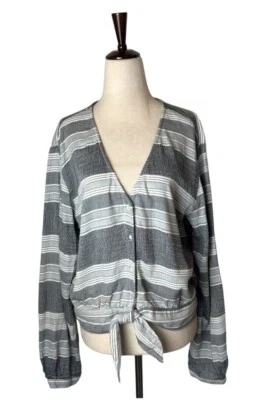 Camisa Bella Dahl Mujer Grande Gris Negra Rayas Cuello en V Corbata Cintura Top Preppy Foto 1 de 4