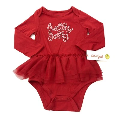 Cat & Jack Baby Girl Size 18M Tulle Tutu Long Sleeve Bodysuit 'Holly Jolly' Red - Image 1 of 4
