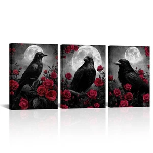 Krähe Leinwand Wandbild Gothic Krähe mit Rose Gemälde Grusel Bilder Badezimmer ... - Bild 1 von 5