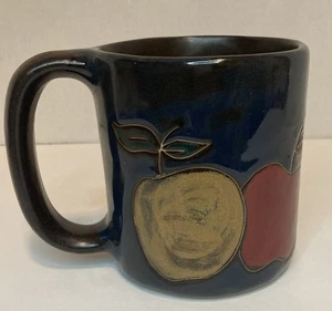 Vtg Rare Mara Stoneware Pottery Mexico S.West Apple Design Mug 16 oz Navy Blue - Picture 1 of 9