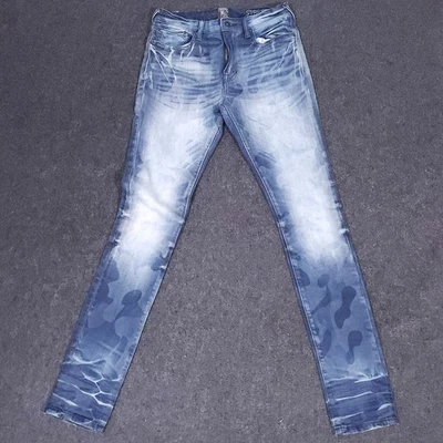 PRPS Cayenne Jeans Mens 30 Super Skinny Fit Blue Whiskered Stretch Denim Camo - Image 1 of 4