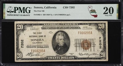 Sonora, CA $20 1929 T1 Fr. 1802-1. First NB Charter #7202 PMG Very Fine 20. - Image 1 of 2