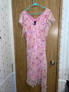 Vintage Megan Matthews butterfly sleeve pink floaty lined floral Drop Waist Sz14 - Picture 1 of 10