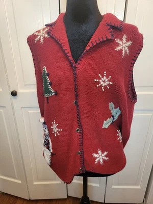 Vintage 90s/Y2K Red Christmas Sweater Vest 18/20 Applique Embroidered Country - Image 1 of 4