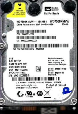 WD7500KMVW-11ZSMS1 S/N: WX31E DCM: EHMTJHBN WD 750GB THAILAND APR 2011 - Image 1 of 2
