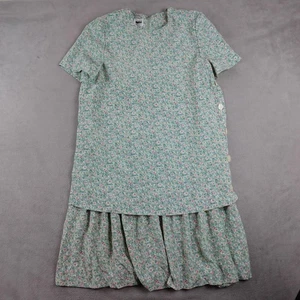 Leslie Fay Dress Womens 14P Green Floral Short Sleeve Ruffle Hem Vintage Style - Picture 1 of 23