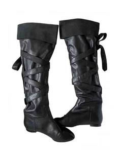 Chloe Wrap-Around Over the Knee Thigh-High Boots Black Leather Size 38 Luxury - Picture 1 of 13