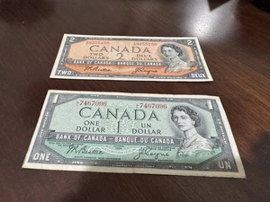 1954 canadian 2 dollars & 1 Dollar Two Notes-free Ship. - Picture 1 of 3