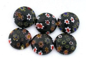 THREE 15mm ROUND BLACK ASSTD COLOR FLORAL FLOWER MILLEFIORI GLASS CABOCHON MC9 - Picture 1 of 1