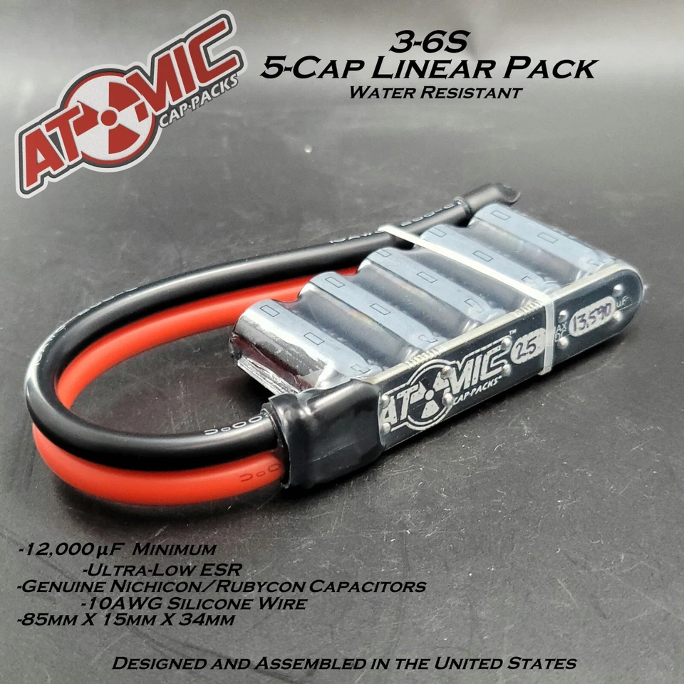 ATOMIC Linear RC Cap Pack /ESC Pack / 3-6S / 12,000uF Minimum / 25V / USA - Image 1 of 4