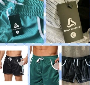 Lot Of 2 SILK WORLD MENS MESH TRUNKS QUICK DRY SHORTS W/POCKET BLUE & GREEN NEW - Picture 1 of 12