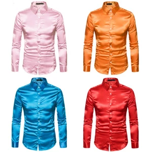 Men Satin Silk Shirt Casual Wedding Party Dress Long Sleeve Button Down Top - Picture 1 of 23