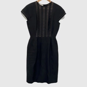Albert Nipon Vintage Linen Black Lace Detail Knee Length Dress Size 6 - Picture 1 of 9