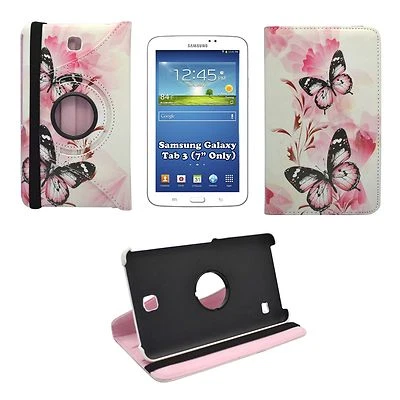 CASE FOR SAMSUNG GALAXY TAB 3 7" RED FLOWER BUTTERFLY PRINT 360 ROTATING COVER  - Image 1 of 4