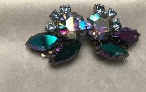 Vintage CORO Blue Purple AB Rhinestone Clip On Huggie Earrings Signed Mint Cond - Picture 1 of 7