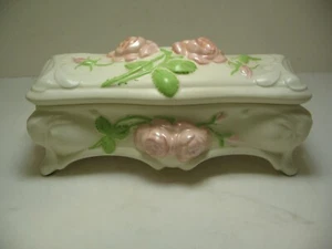 Vintage Porcelain Jewelry Trinket Holder Rose Design 4 Legs Felt Feet 8" x 3" - Picture 1 of 13