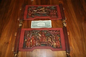 Pair of Antique Chinese Red Gilt Polychrome Wooden Carved Panels - Picture 1 of 6