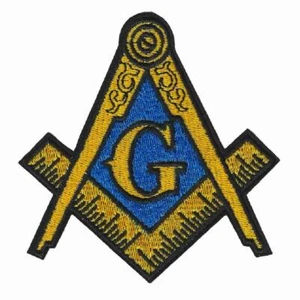 MASONIC LOGO IRON ON PATCH 4" Embroidered Freemason Square Mason Blue Gold NEW - Picture 1 of 2