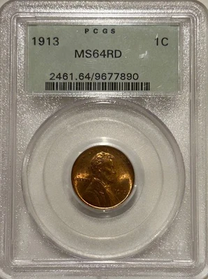 1913 P Lincoln Cent PCGS MS64 RD OGH - Imagem 1 de 4