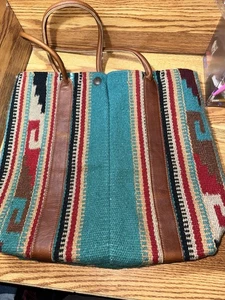 McFadin Sisters Navajo Blanket Inspired Lrg Wool Tote Bag Leather Navajo Pattern - Bild 1 von 6