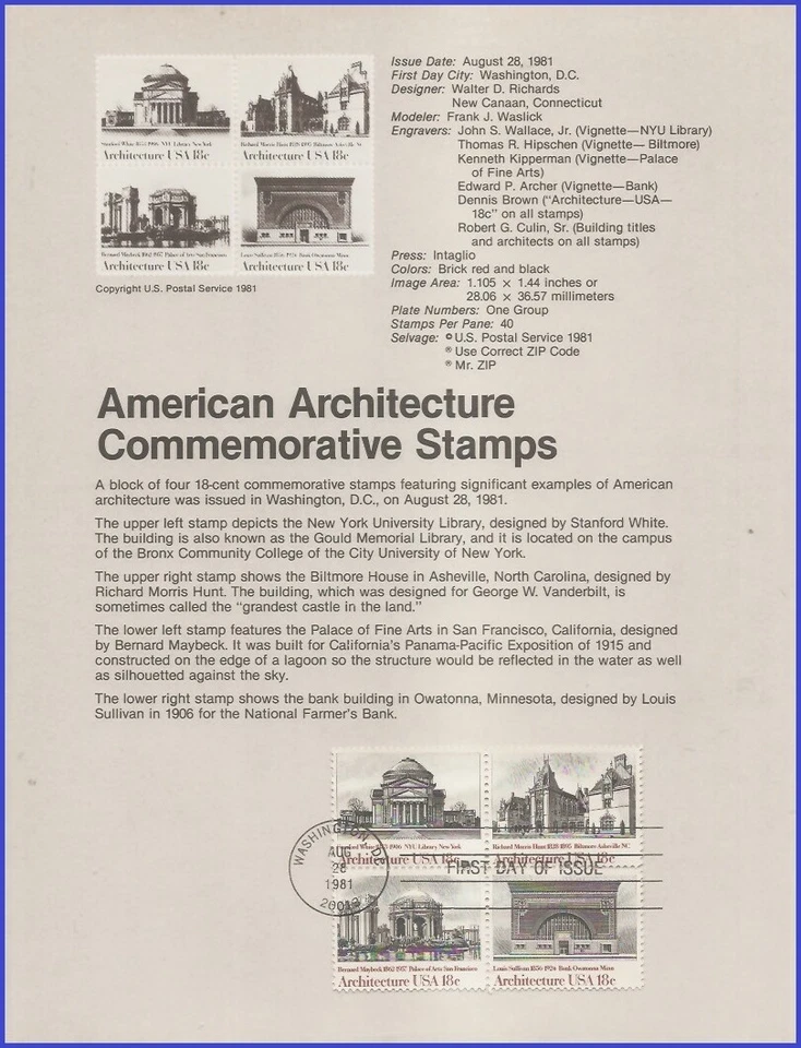 USA8 #1928-31 U/A SOUVENIR PAGE FDC BL4  America Architecture - Image 1 of 1