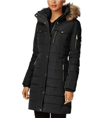 Abrigo putter de plumón para mujer Michael Kor MK $240 capucha de piel sintética extraíble talla L Foto 1 de 4