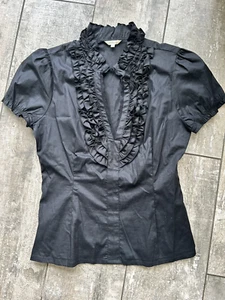 Vintage 90s Y2K Black Ruffle Top V Neck Witchy Whimsi Goth Fairy Grunge Size L - Bild 1 von 3