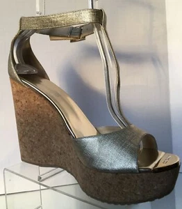 NUEVAS SANDALIAS DE CUÑA JIMMY CHOO Pela metálicas con correa en T, champán (Talla 41) - Imagen 1 de 12