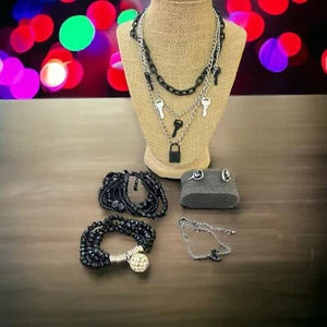 5 Piece Silver Tone Black Jewelry Lot Glass Beads Lock Key Necklace Anklet Premi - Picture 1 of 6