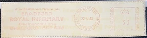 (GB-1952)GB 1983 frank with vertical "G. BRITAIN" 33 BRADFORD METER cancel - Picture 1 of 1