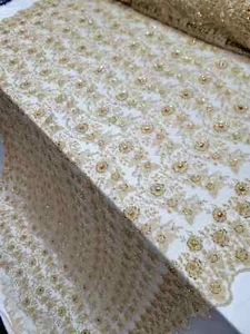 **Gold Beaded Floral Embroidered Lace Fabric - Sold by the Yard for Dresses** - Picture 1 of 15