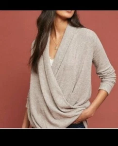 Akemi + Kin Anthropologie Woodruff Beige Tan Ribbed Wrap Front Sweater Size M - Picture 1 of 10