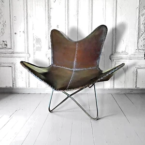 Vintage 1960s Leather Butterfly Chair Patinated Leather/Iron Frame Free Del UK - Picture 1 of 3