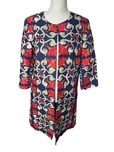 J. MCLAUGHLIN SUSSEX MIDI Jacket Red Navy Floral Canvas Long Line Sz Med NEW! - Picture 1 of 7