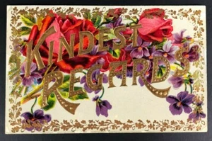 Kindest Regards Postcard Antique PRETTY Gold Embossing Floral Pink Forget Me Not - Picture 1 of 8