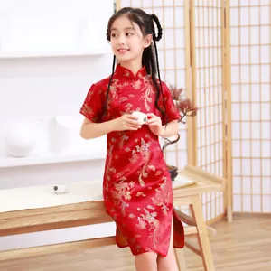 Vestido China Rojo Niños Niñas Chino Asiático Dorado Dragones Satinado Qipao Cheongsam - Imagen 1 de 5