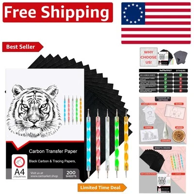 Juego de papel de calco profesional - 200 hojas de carbono negro con 5 herramientas de lápiz óptico Foto 1 de 4